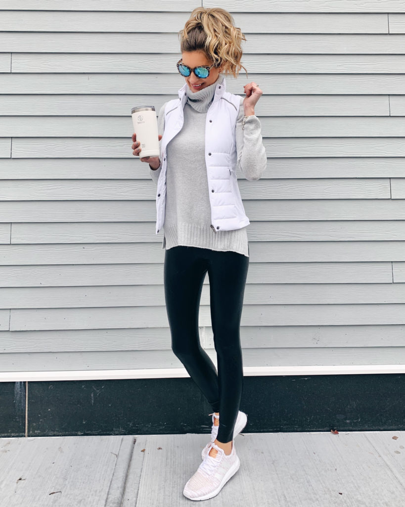 grey turtleneck sweater with black faux leather leggings zella white coco vest and adidas swift run sneaker