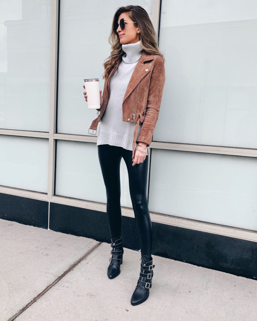 grey turtleneck sweater with blanknyc coffee bean suede moto jacket faux leather leggings and steve madden hattie bootie