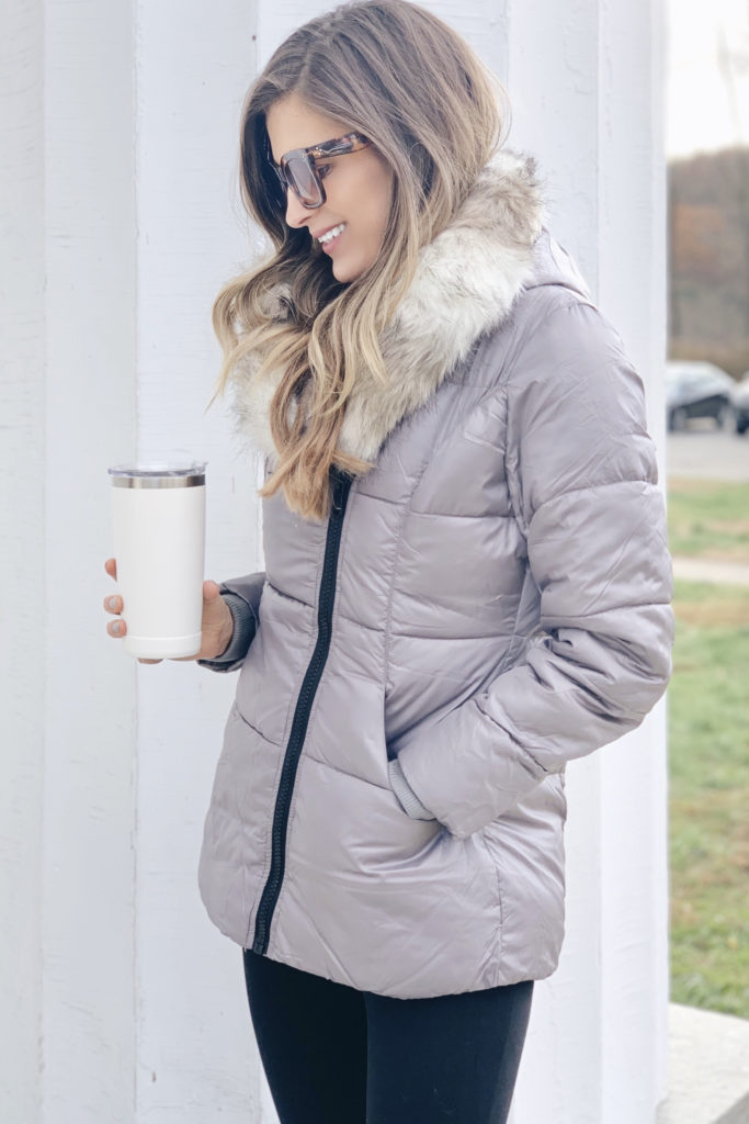 Walmart affordable silver faux fur collar long winter puffer jacket