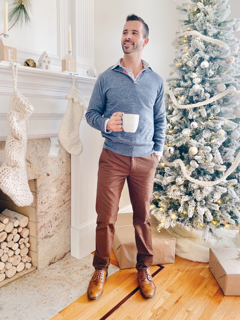 mens bonobos cashmere half zip sweater with brown stretch washed chinos