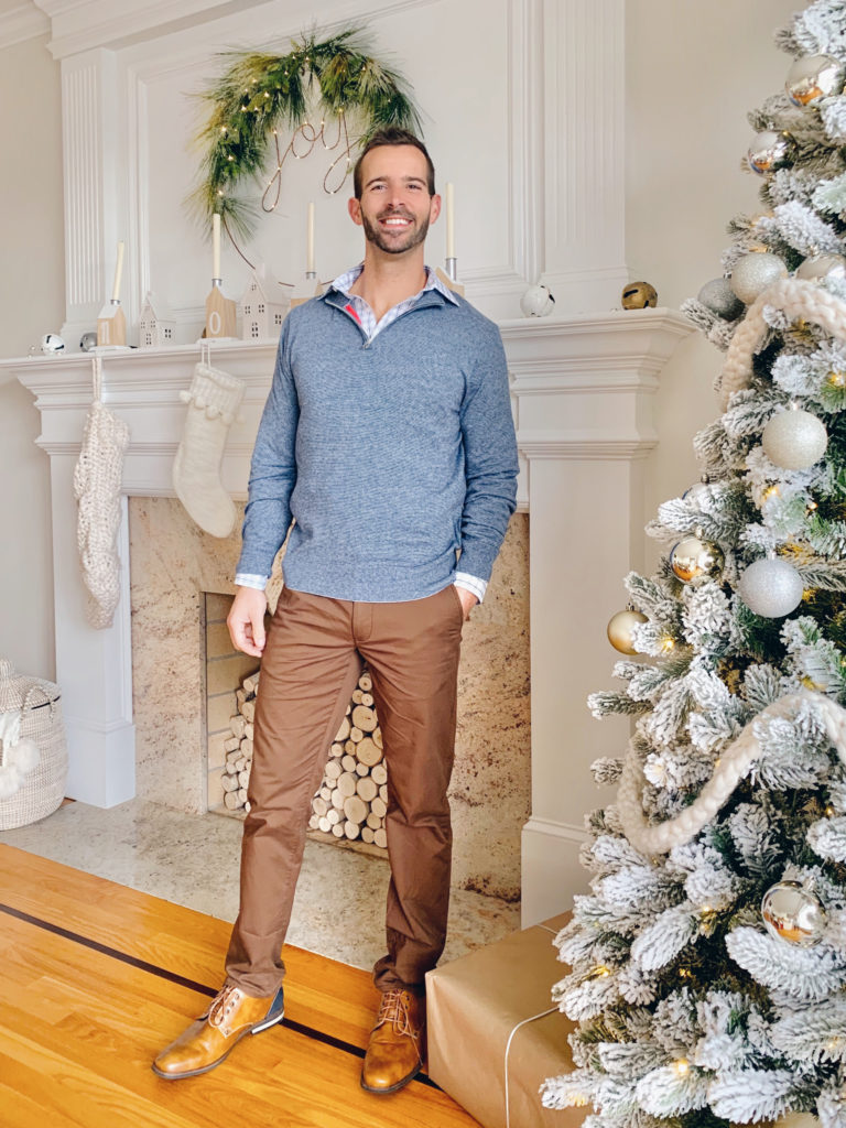mens bonobos casual dressy holiday outfit featuring blue stripe half zip sweater and brown chinos