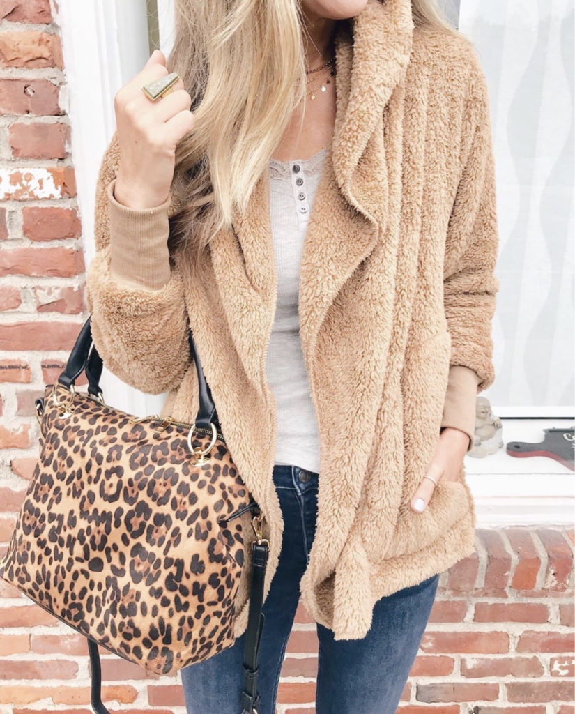 Sole society soft camel short cozy fleece coatigan and leopard Helena satchel