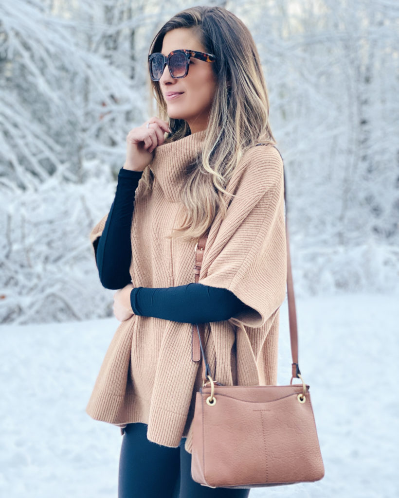 camel cowl neck poncho on pinteresting plans connecticut fashion blogger Rachel Moore discussing a monthly clothing budget
