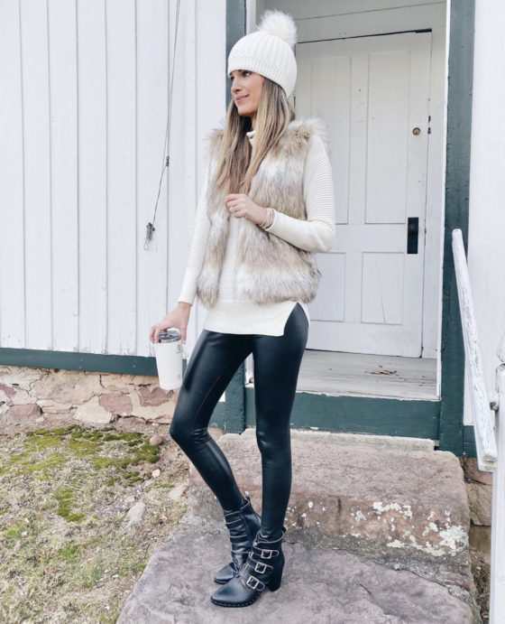 amazon prime faux fur vest with black faux leather leggings and steve madden hattie booties