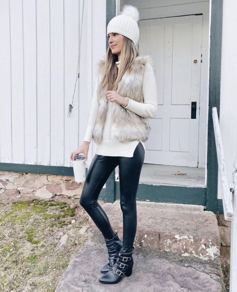 amazon prime faux fur vest with black faux leather leggings and steve madden hattie booties
