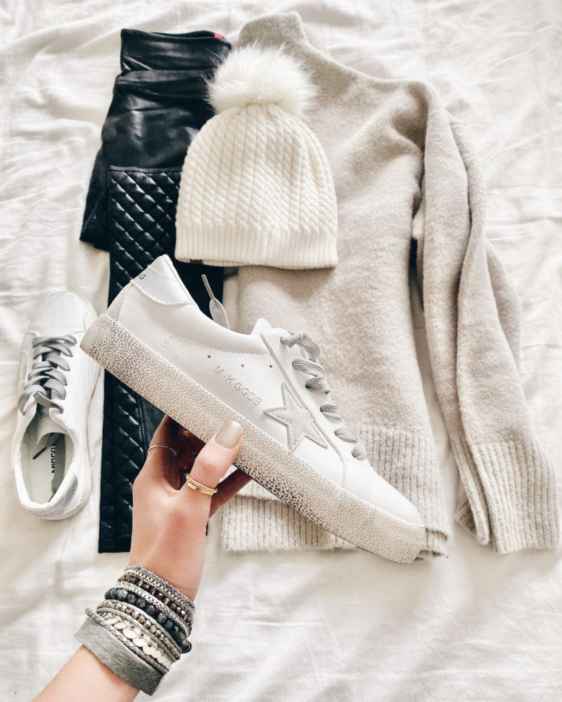 golden goose superstar sneaker save option dupes - shein star patch white low top sneakers with Victoria Emerson silver boho wrap bracelet