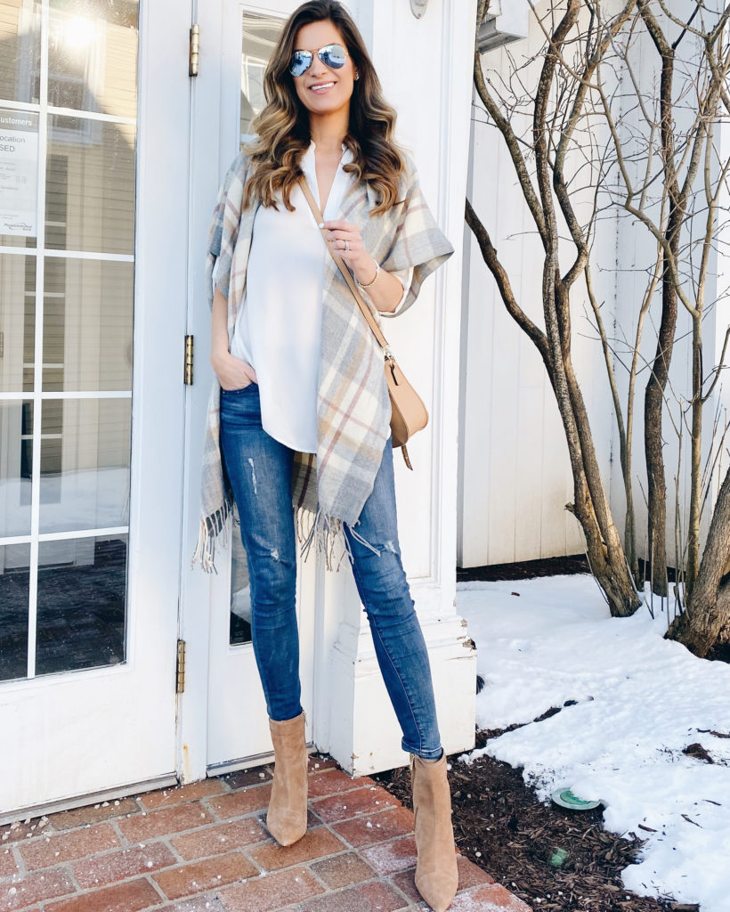 how to wear light layers in spring - sole society plaid short sleeve fringe kimono with simeona walnut block heel bootie