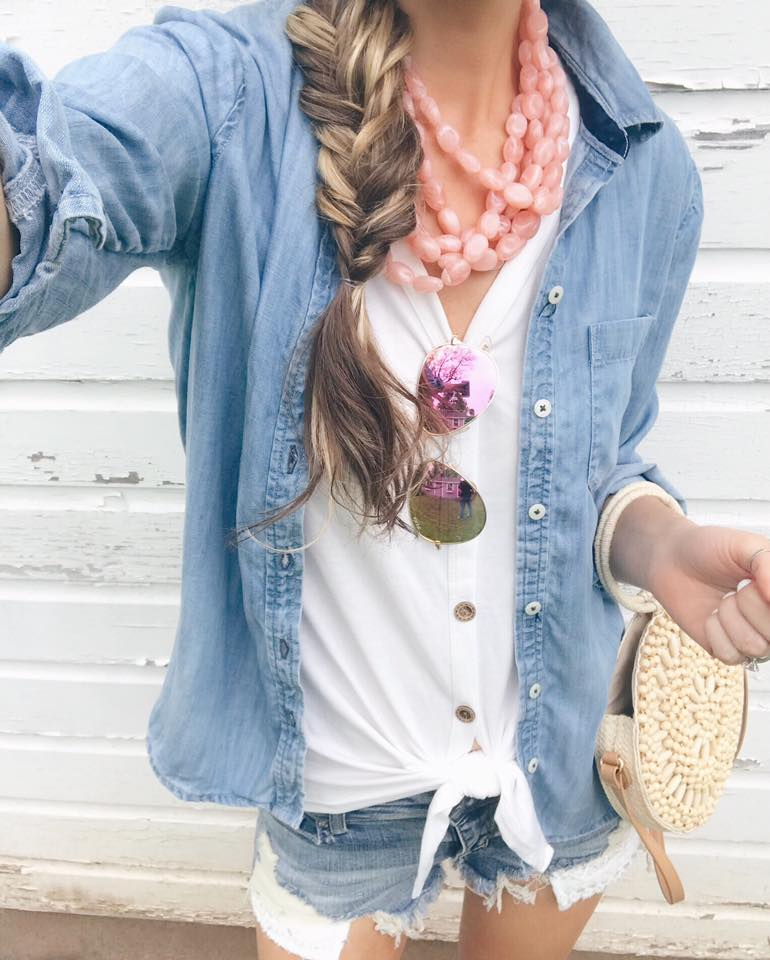 amazon tie front button down white summer tank top with chrambray shirt and denim cutoff shorts