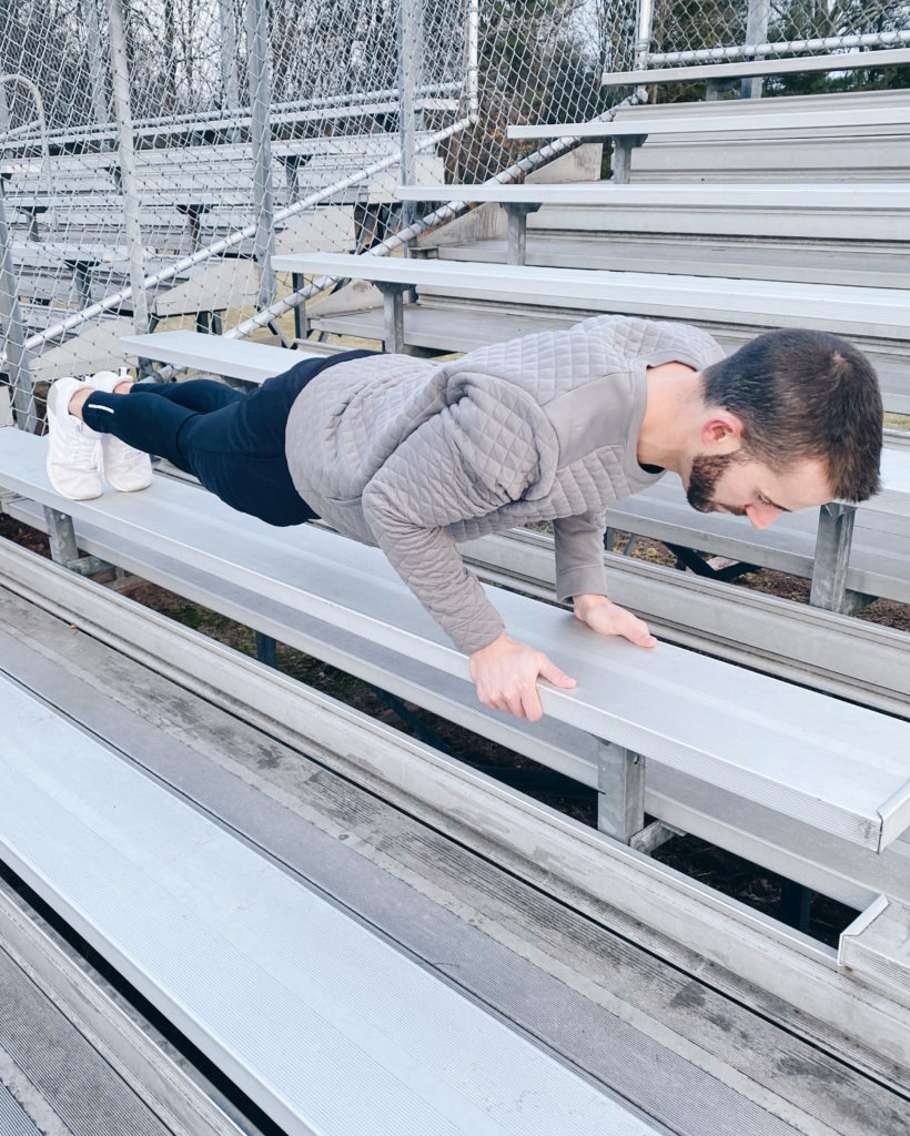 Mens jockey gray quilted crew neck sweatshirt with black sport running tights on Pinteresting plans fashion blog