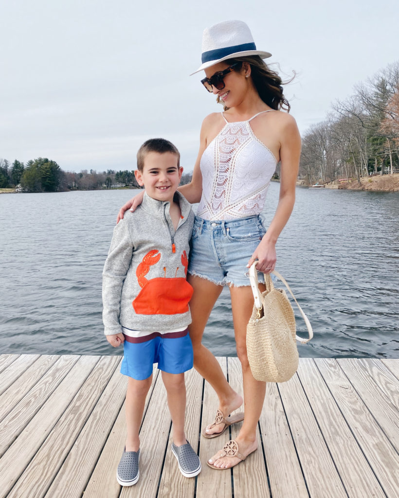 nordstrom becca white one piece swimsuit with agolde shorts and cute kids beachy outfit