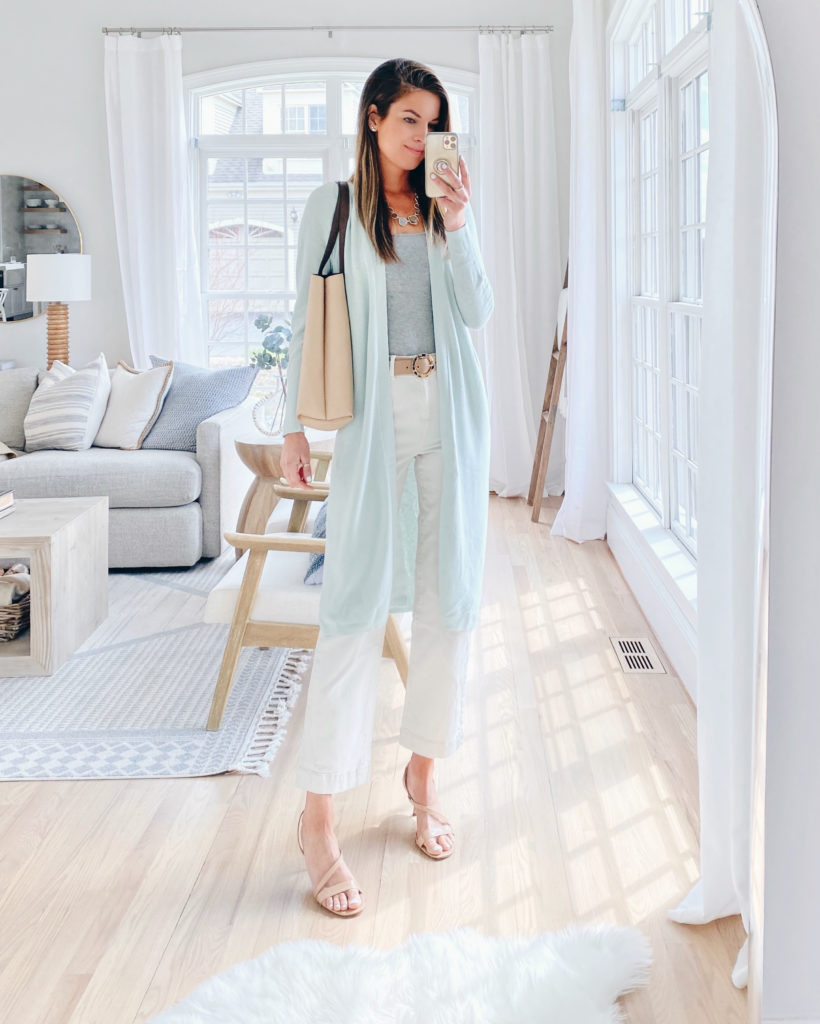 long cardigan outfit for spring out cropped wide leg jeans 