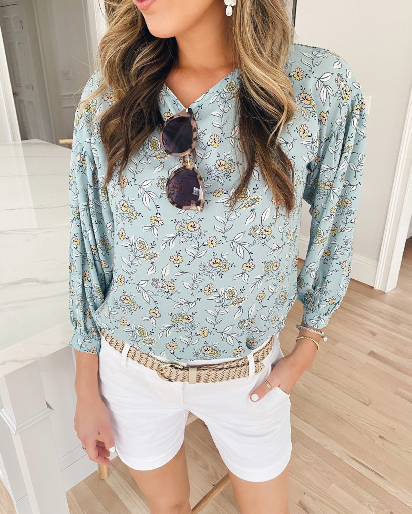 Loft floral dot mixed media blouse worn with 6 inch inseam white riviera shorts and braided belt on Rachel Moore - Pinteresting plans blog
