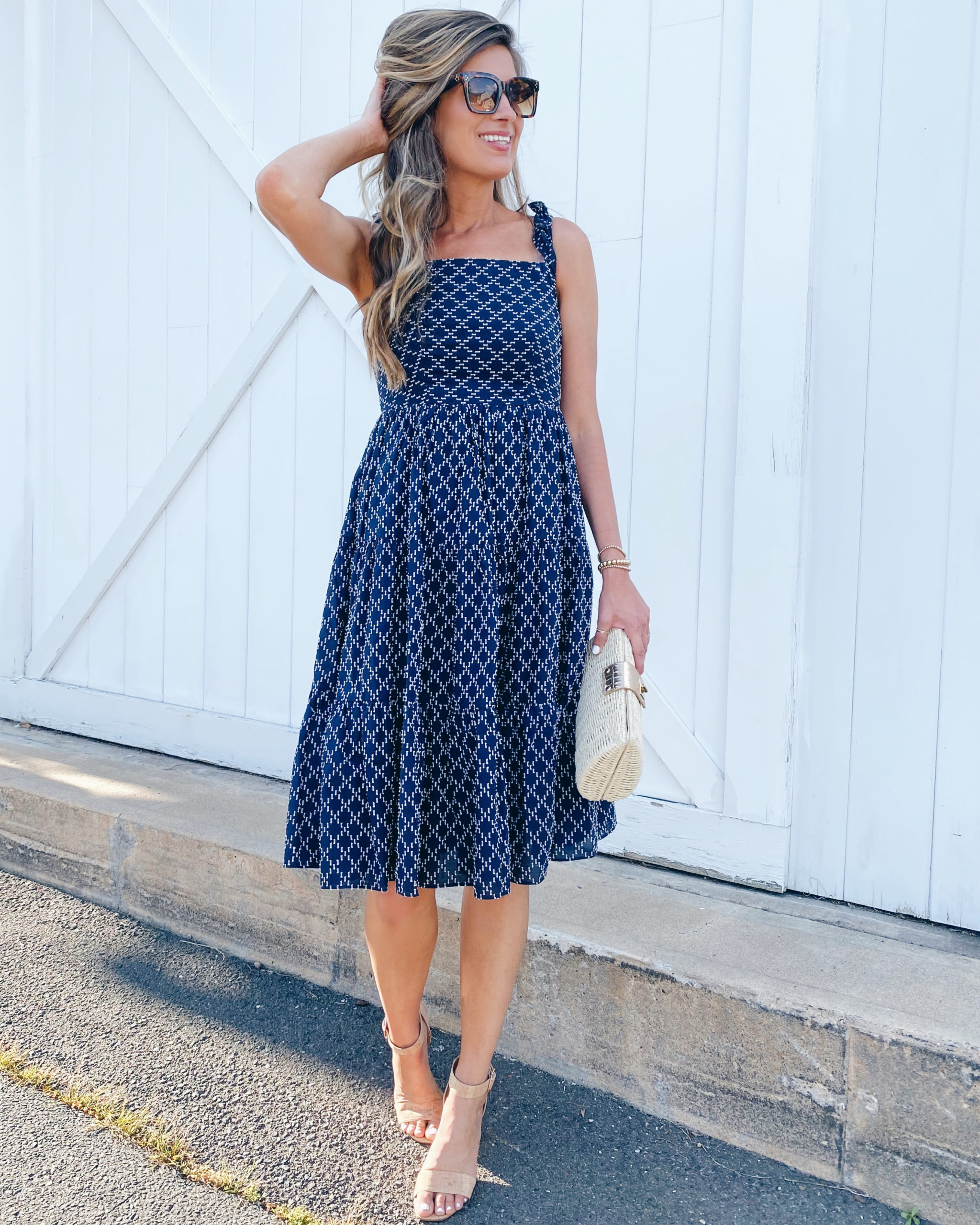 navy lattice ruffle tiered midi dress for summer wedding