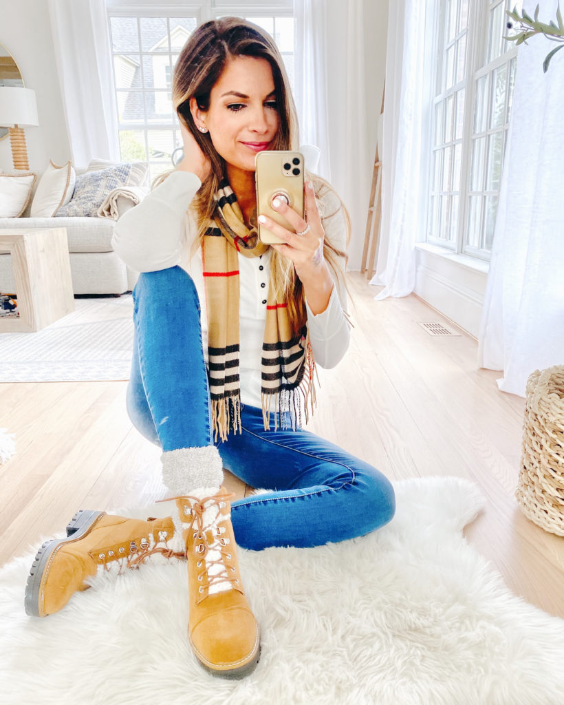 affordable burberry inspired scarf new england fall casual outfit