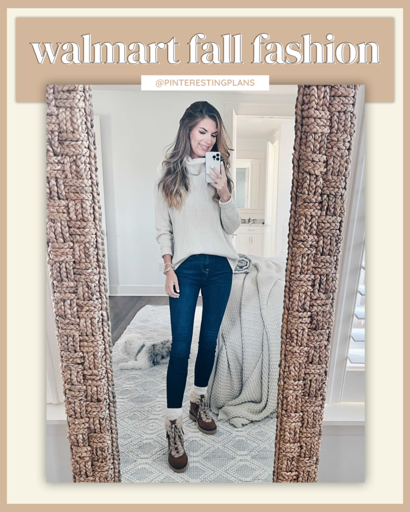 cream turtleneck sweater with dark wash skinny jeans and hiking boots outfit