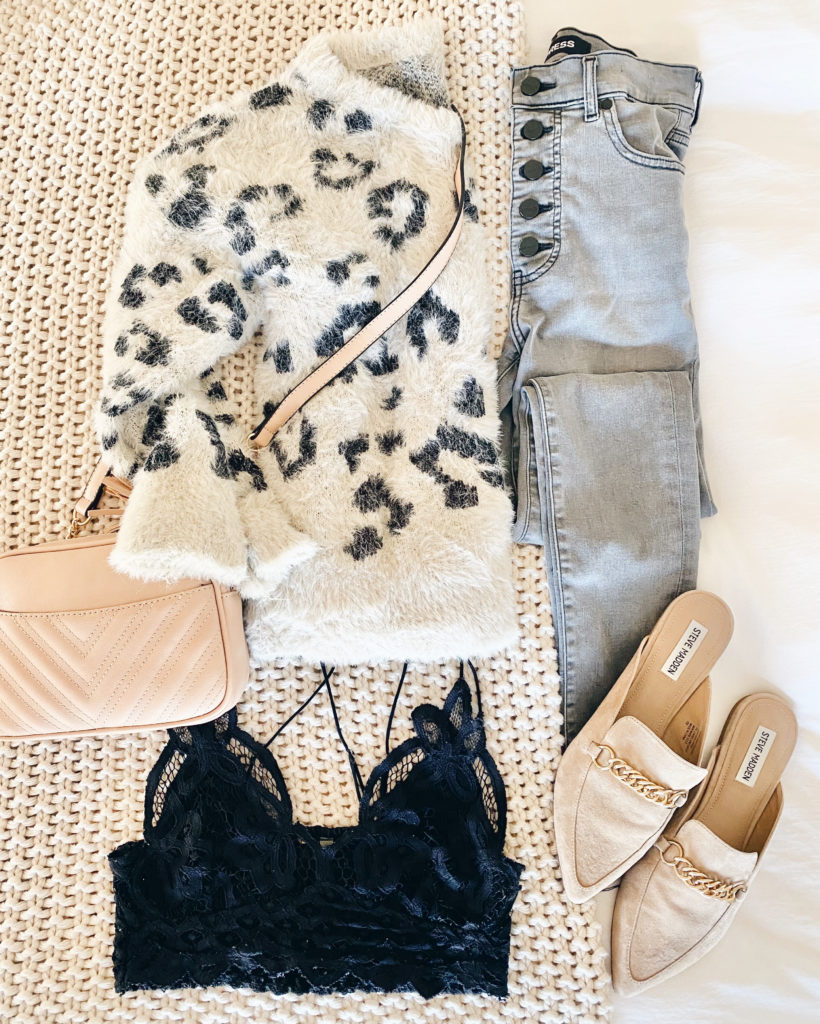 casual fall outfit with amazon leopard sweater for thanksgiving