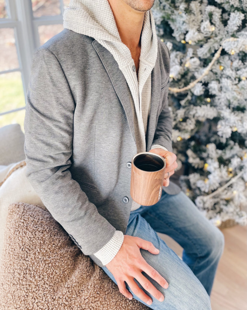 mens fashion - grey blazer with henley hoodie