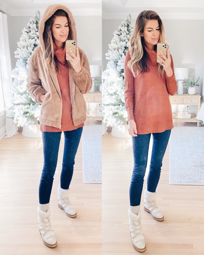 walmart fall fashion 2020 - camel hooded faux fur jacket with rust brown turtleneck sweater