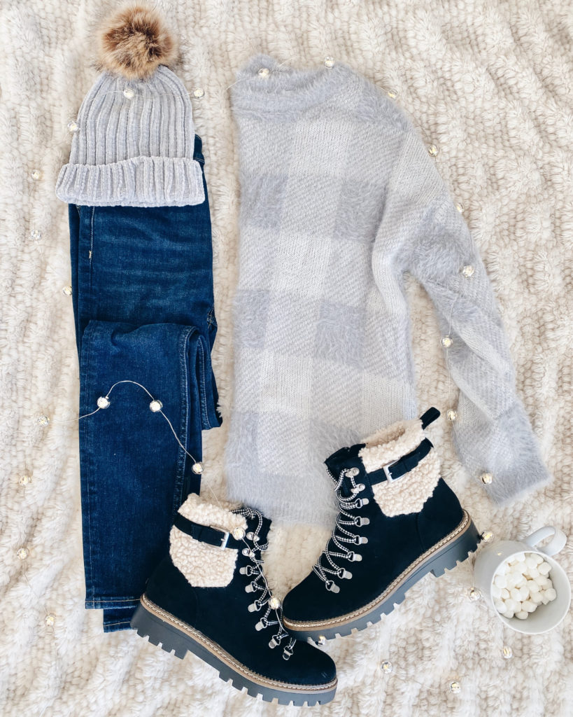 walmart grey buffalo plaid sweater and faux sherpa black hiker boots
