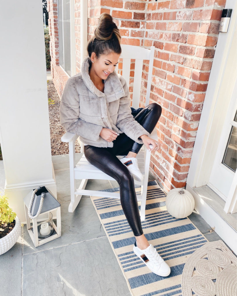 abercrombie sherpa mini puffer jacket with spanx faux leather leggings outfit