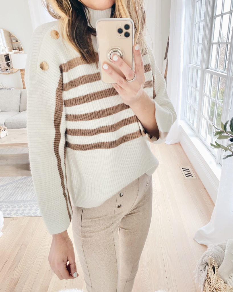 striped button neck sweater