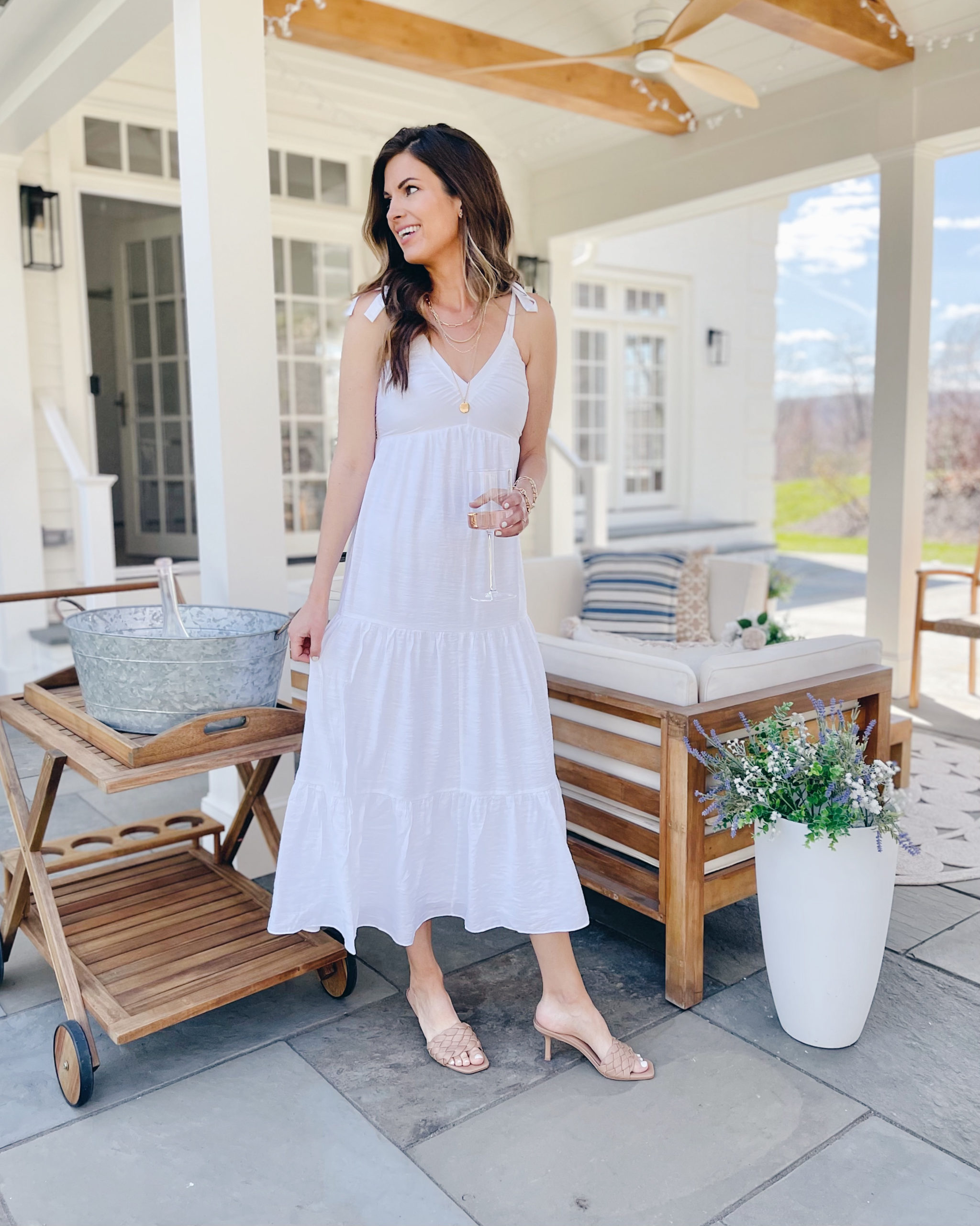 tie strap ruched tiered vneck white maxi dress outfit