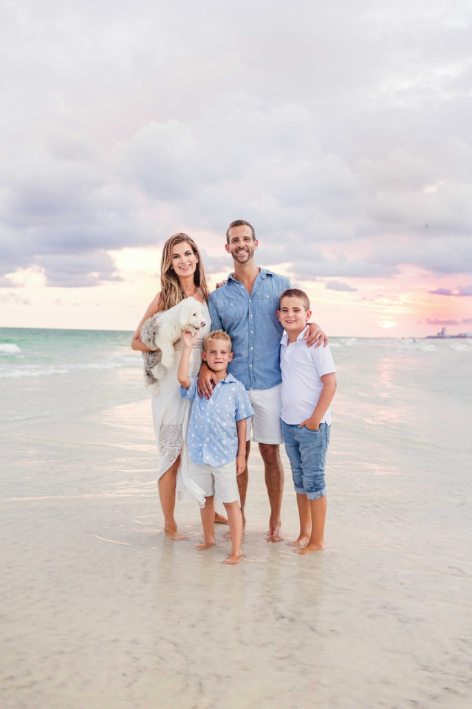 family beach photos blue and white outfits
