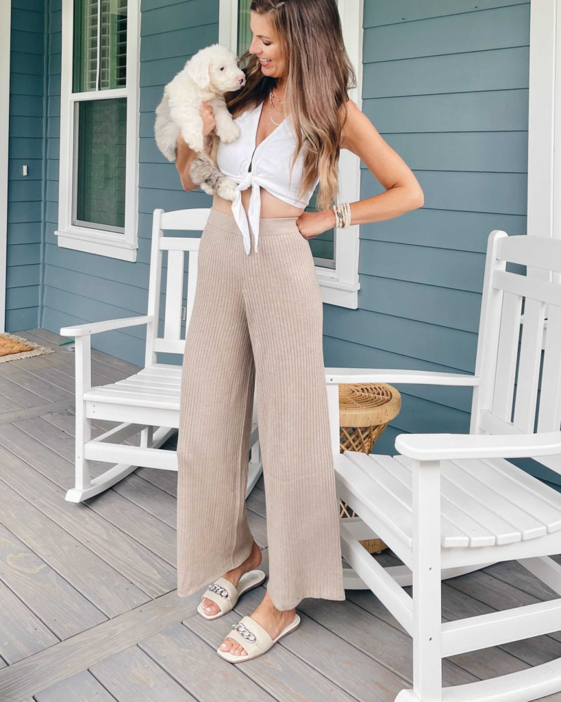 wide leg rib sweater pants outfit idea 2021