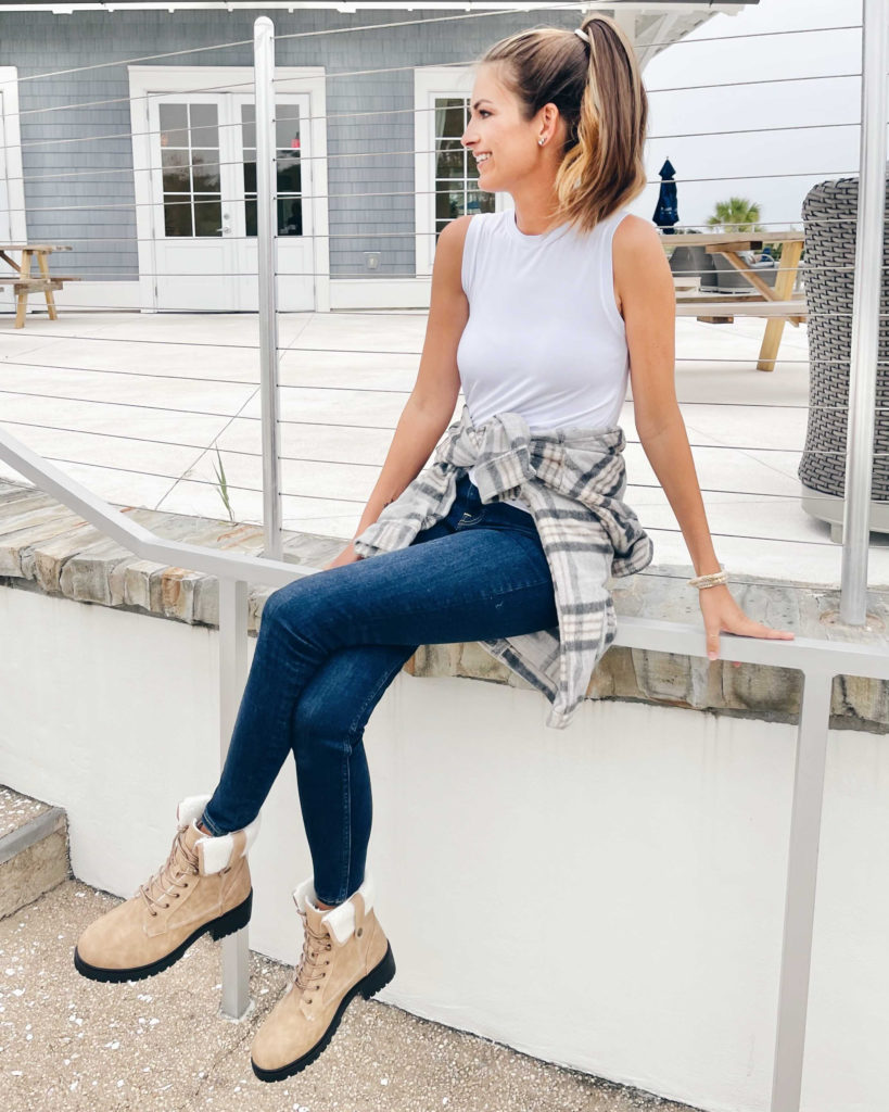 cute lug sole boot outfit idea 2021