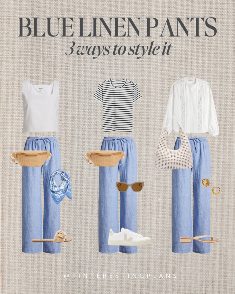 Three ways to style light blue wide leg pants for summer 2025.