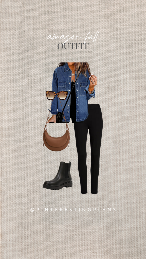 dark wash denim shirt with black legging and boots from amazon