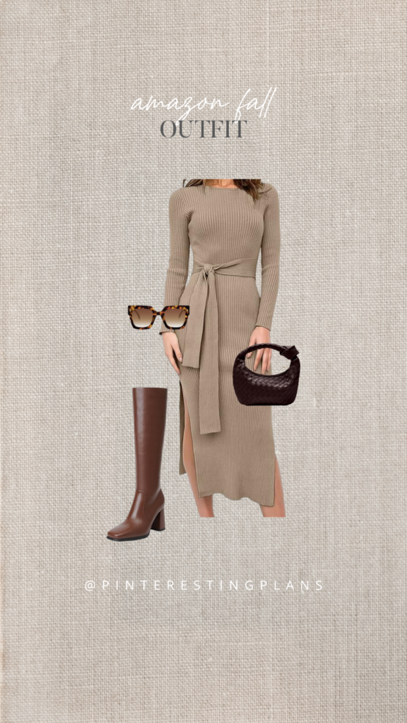 long sleeve midi sweater dress with brown knee high boots from amazon