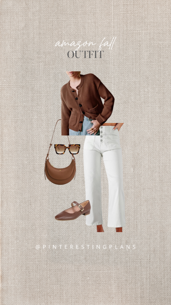 amazon fall outfit with brown button front cardigan, white wide leg jeans and brown mary jane flats