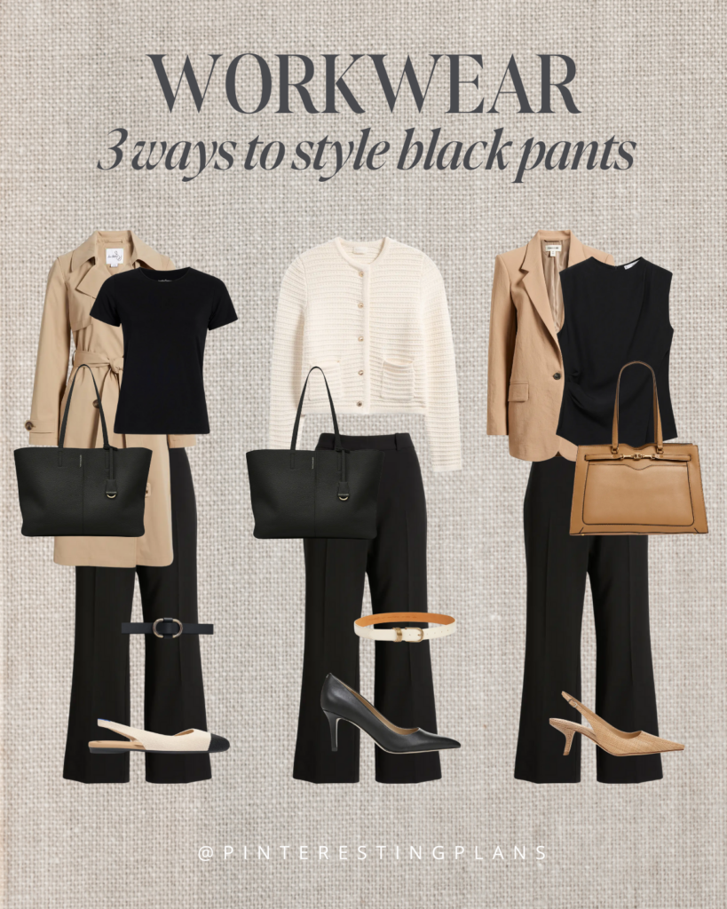 3 classic ways to style black work pants for the office.