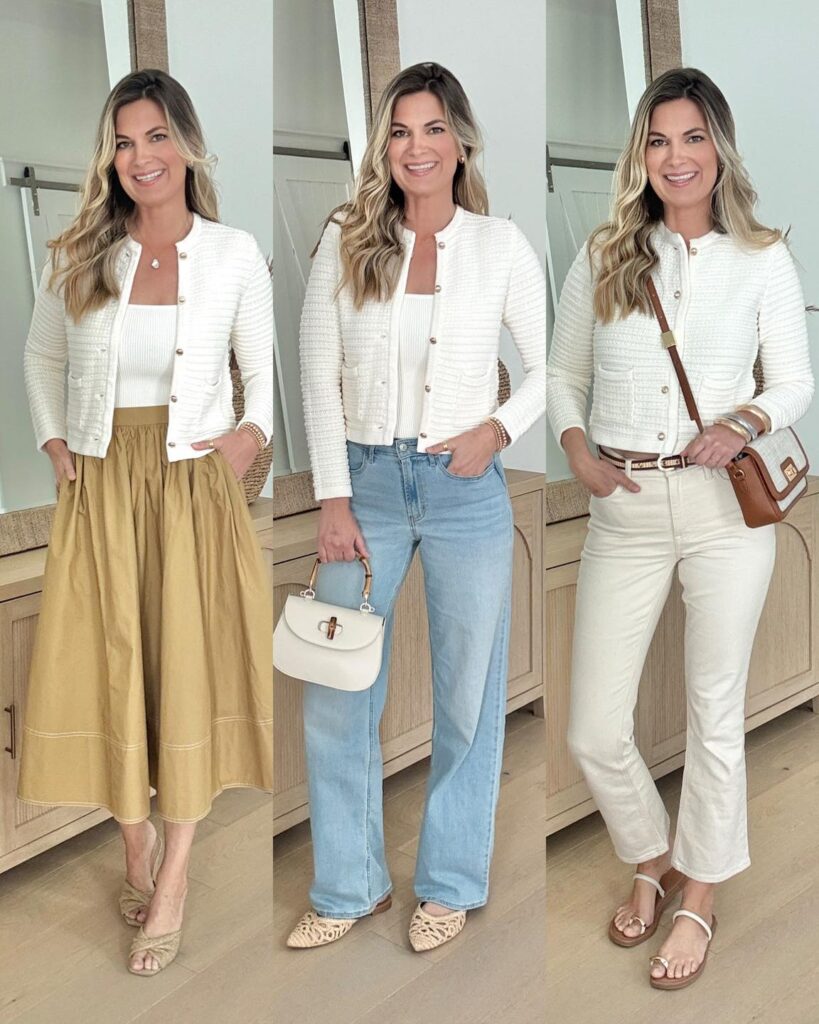 Three chic and polished styling tips for a cream gold button cardigan including a midi length skirt, relaxed wide leg jeans and ecru flare crop jeans.