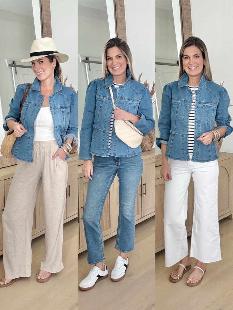 Three easy ways to style a peplum denim jacket with linen pants, crop jeans and white wide leg pants.
