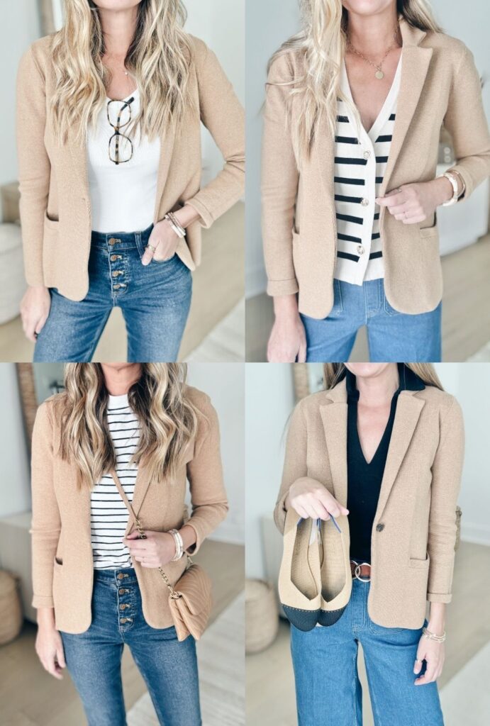 Styling the J. Crew Factory Schoolboy Knit Blazer four different ways using the no fail outfit formula.