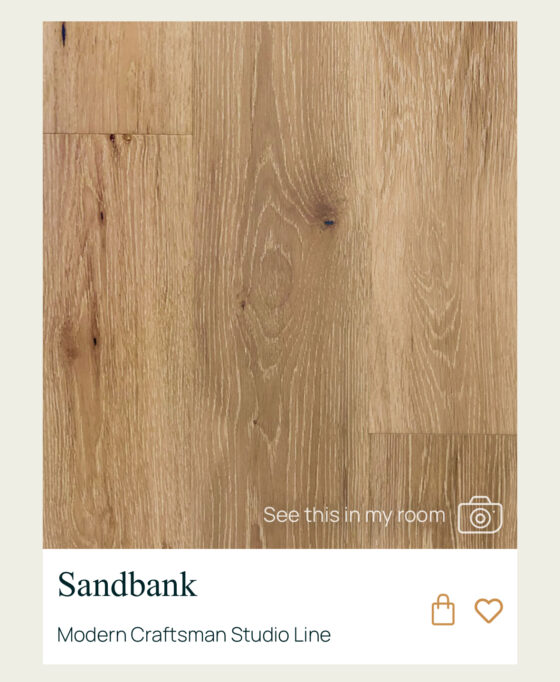 Sandbank hardwood flooring from the Modern Craftsman Studio Line, a natural oak finish and subtle grain pattern.