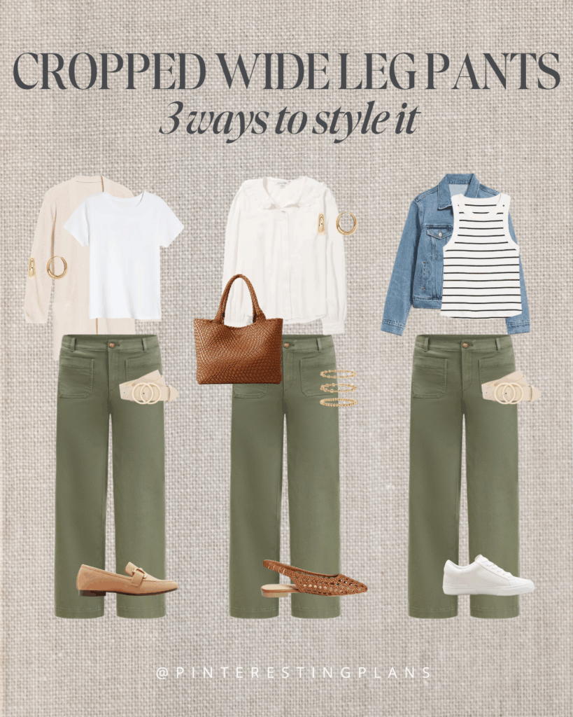 3 ways to style olive green cropped wide leg pants from Quince for fall 2025.