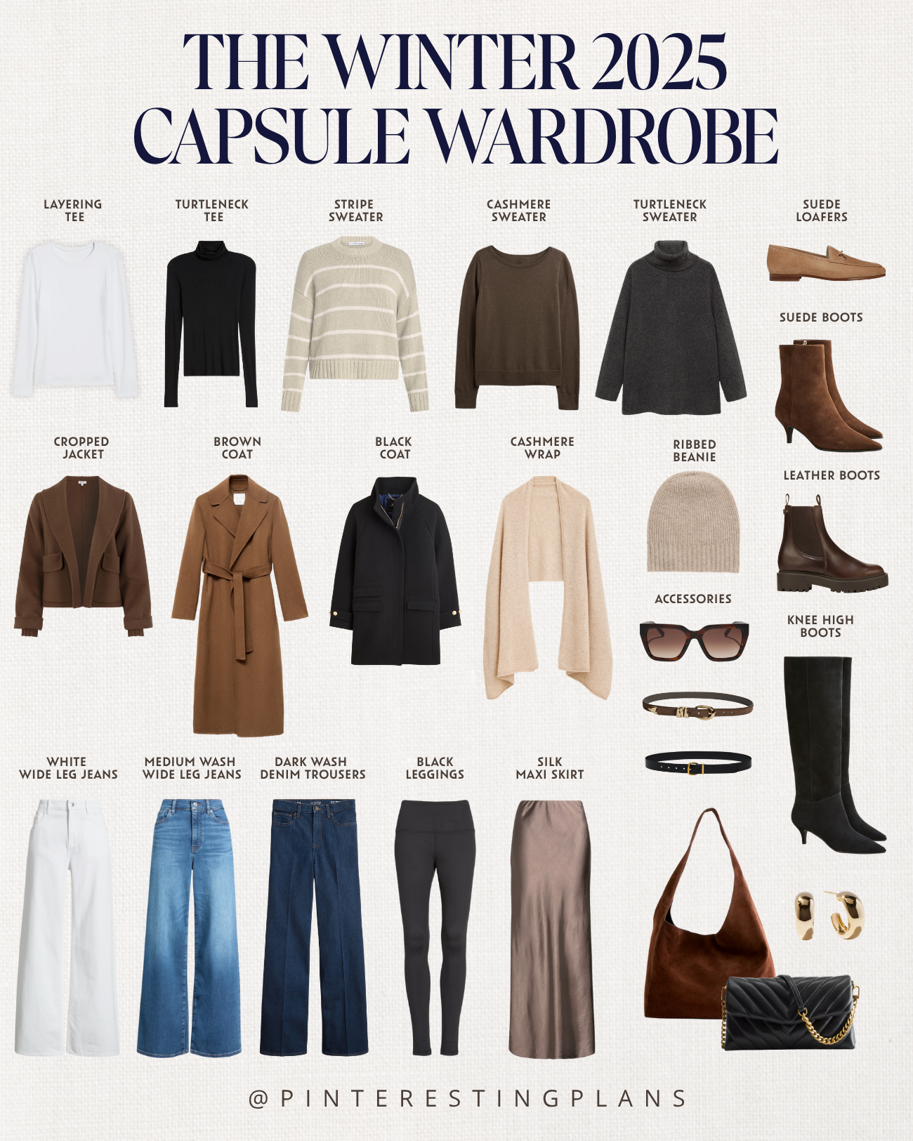 Winter 2025 capsule wardrobe for women featuring neutral essentials like natural fiber sweaters and coats - timeless mix-and-match outfits for classic winter style.